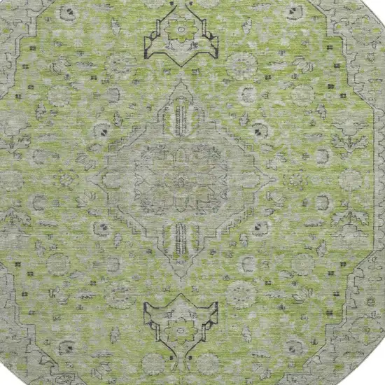 8' Lime Green And Gray Floral Medallion Washable Round Rug With UV Protection Photo 2