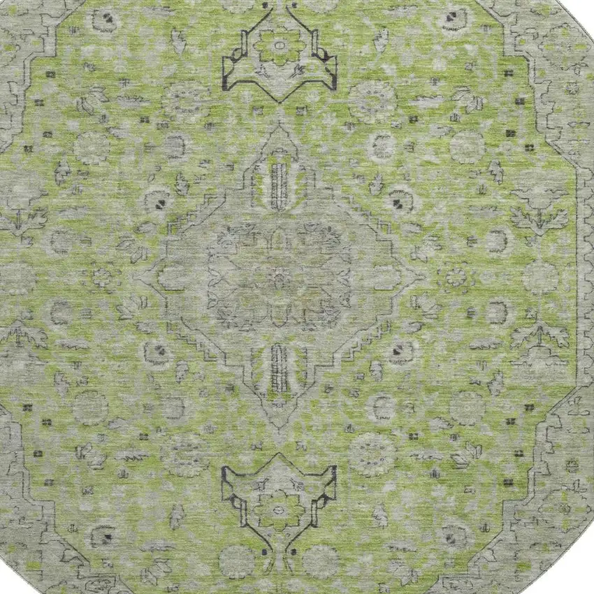 8' Lime Green And Gray Floral Medallion Washable Round Rug With UV Protection Photo 2