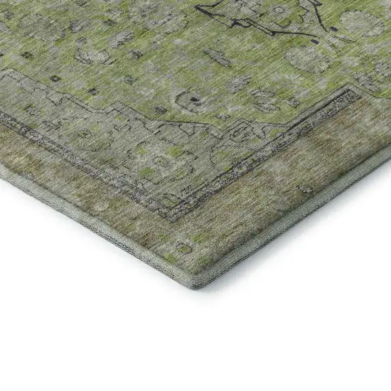 8' Lime Green And Gray Floral Medallion Washable Round Rug With UV Protection Photo 6