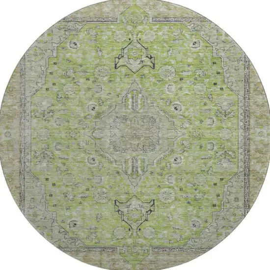 8' Lime Green And Gray Floral Medallion Washable Round Rug With UV Protection Photo 3