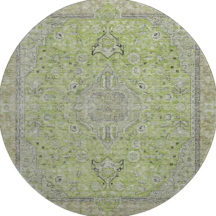 8' Lime Green And Gray Floral Medallion Washable Round Rug With UV Protection Photo 3