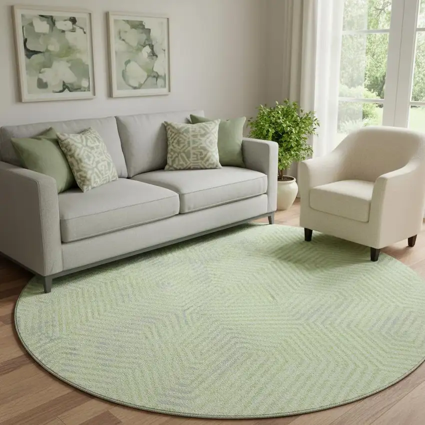 8' Lime Green And Gray Geometric Washable Round Rug With UV Protection Photo 1
