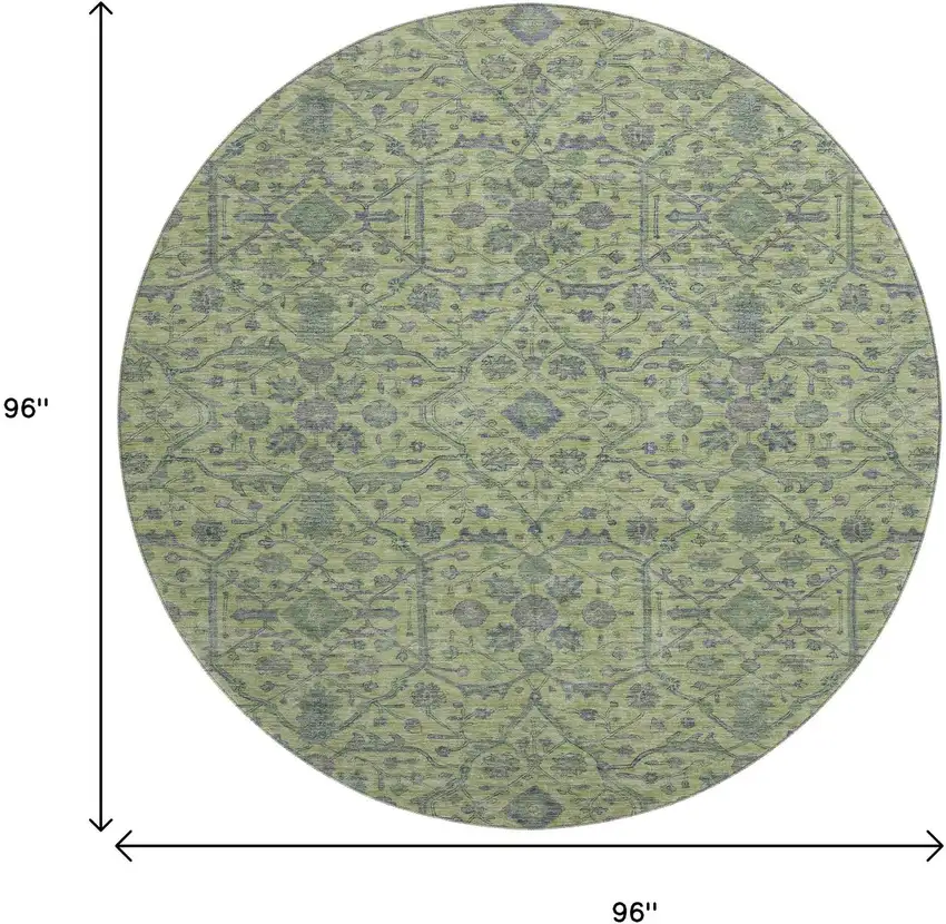 8' Lime Green And Gray Oriental Washable Round Rug With UV Protection Photo 9