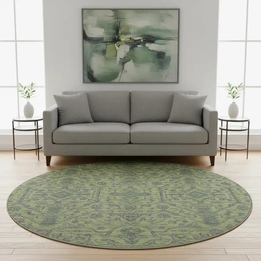 8' Lime Green And Gray Oriental Washable Round Rug With UV Protection Photo 2