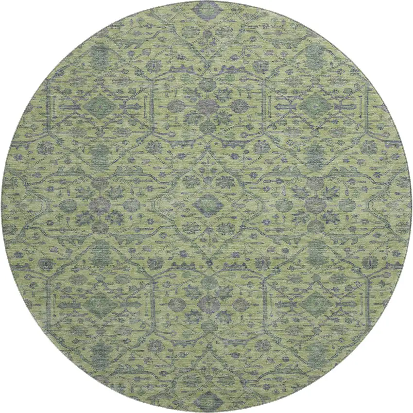 8' Lime Green And Gray Oriental Washable Round Rug With UV Protection Photo 1