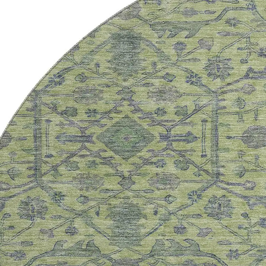 8' Lime Green And Gray Oriental Washable Round Rug With UV Protection Photo 2