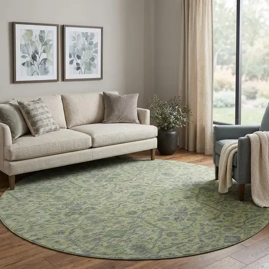 8' Lime Green And Gray Oriental Washable Round Rug With UV Protection Photo 1