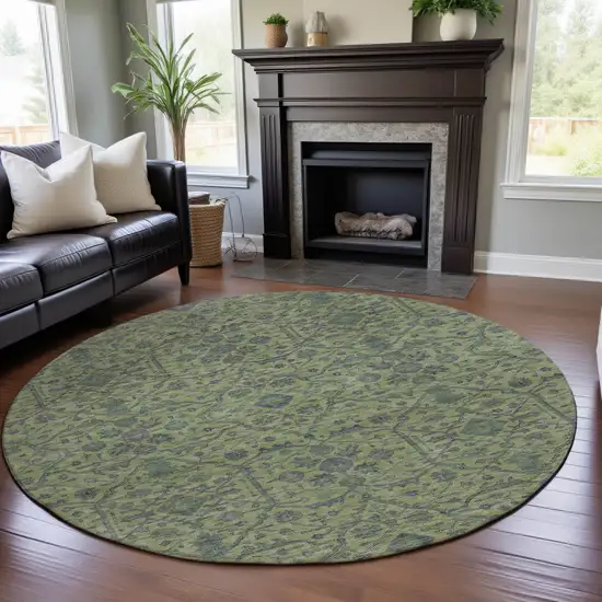 8' Lime Green And Gray Oriental Washable Round Rug With UV Protection Photo 4