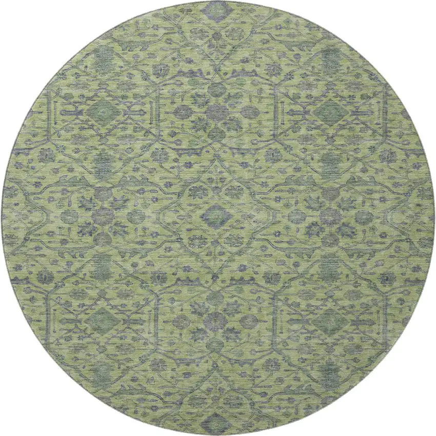 8' Lime Green And Gray Oriental Washable Round Rug With UV Protection Photo 3