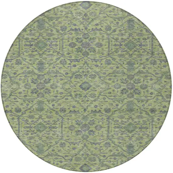 8' Lime Green And Gray Round Floral Washable Indoor Outdoor Area Rug Photo 6