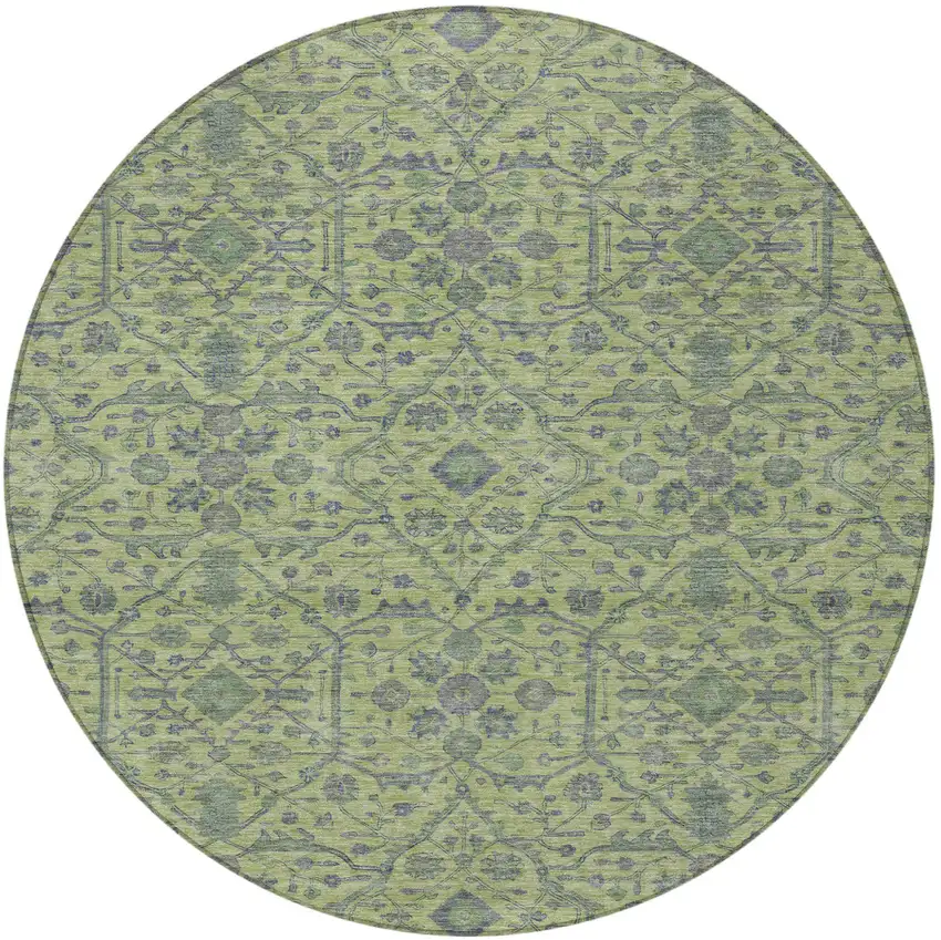 8' Lime Green And Gray Round Floral Washable Indoor Outdoor Area Rug Photo 6