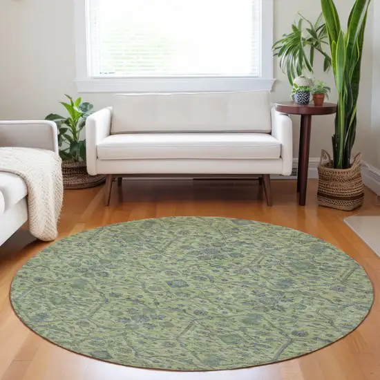 8' Lime Green And Gray Round Floral Washable Indoor Outdoor Area Rug Photo 8