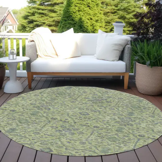 8' Lime Green And Gray Round Floral Washable Indoor Outdoor Area Rug Photo 7