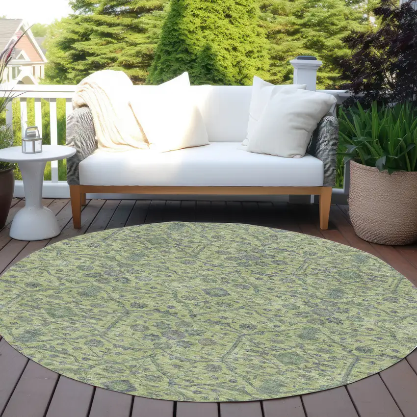 8' Lime Green And Gray Round Floral Washable Indoor Outdoor Area Rug Photo 7