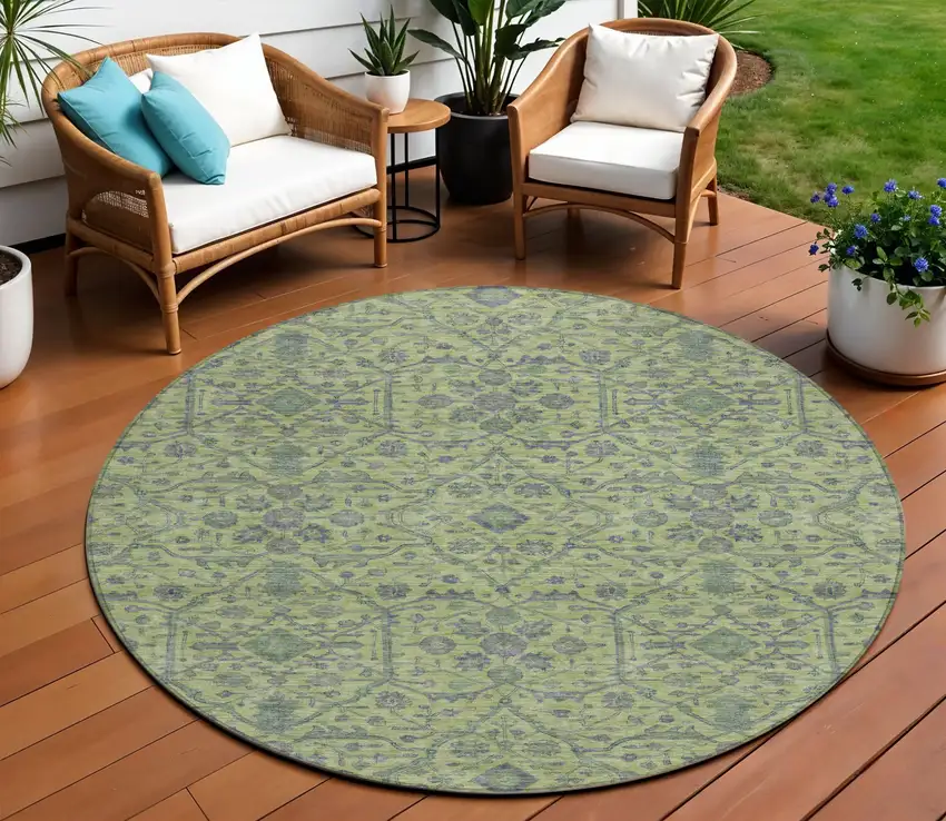8' Lime Green And Gray Round Floral Washable Indoor Outdoor Area Rug Photo 1