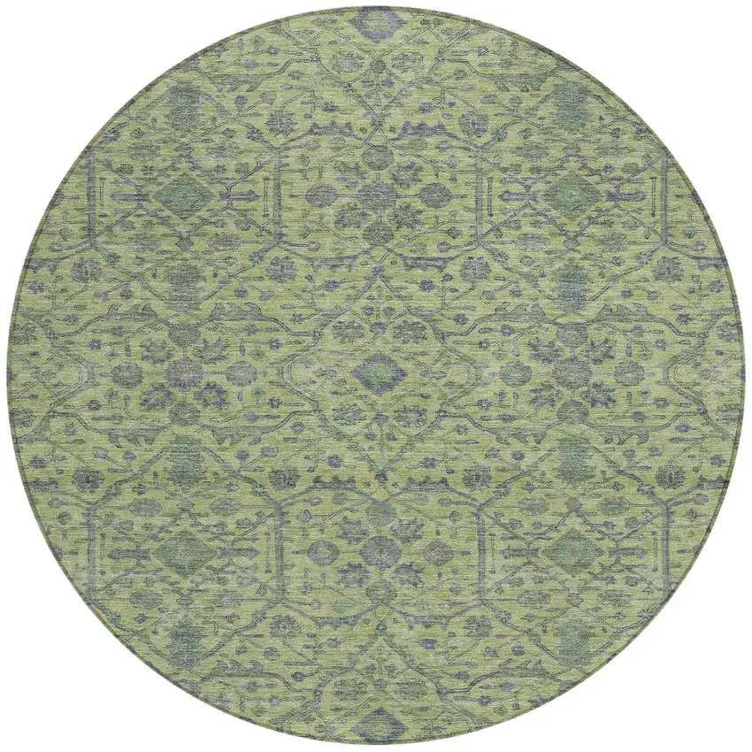 8' Lime Green And Gray Round Floral Washable Indoor Outdoor Area Rug Photo 5