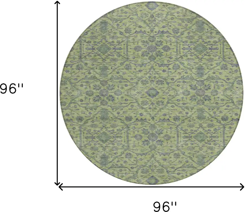8' Lime Green And Gray Round Floral Washable Indoor Outdoor Area Rug Photo 9