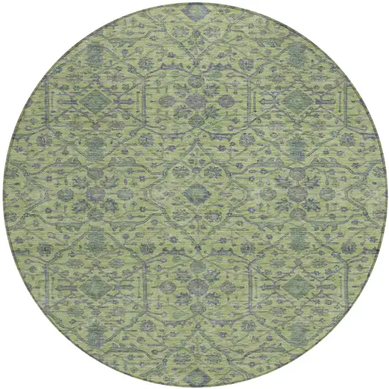 8' Lime Green And Gray Round Floral Washable Indoor Outdoor Area Rug Photo 2