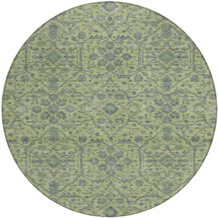 8' Lime Green And Gray Round Floral Washable Indoor Outdoor Area Rug Photo 2