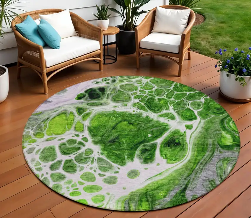 8' Lime Green And Gray Round Nautical Washable Indoor Outdoor Area Rug Photo 1