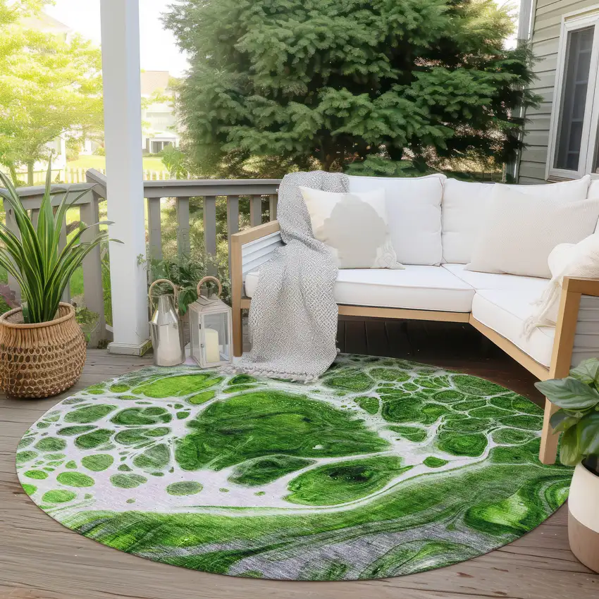 8' Lime Green And Gray Round Nautical Washable Indoor Outdoor Area Rug Photo 6