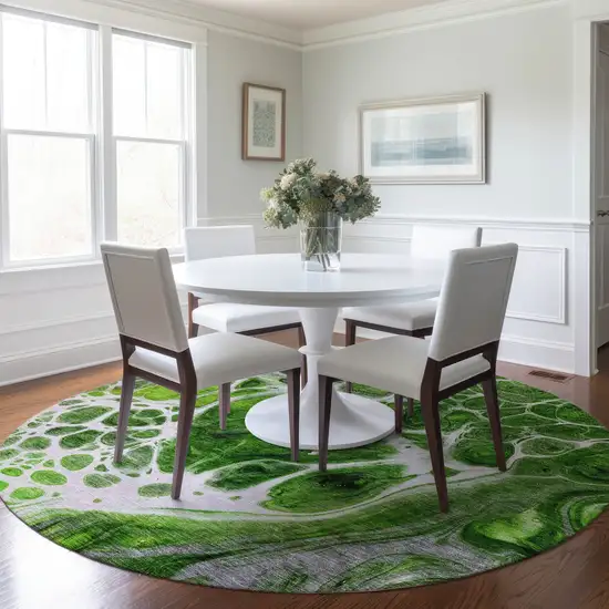 8' Lime Green And Gray Round Nautical Washable Indoor Outdoor Area Rug Photo 7