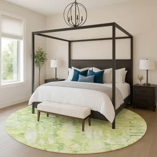 8' Lime Green And Ivory Abstract Washable Round Rug With UV Protection Photo 5