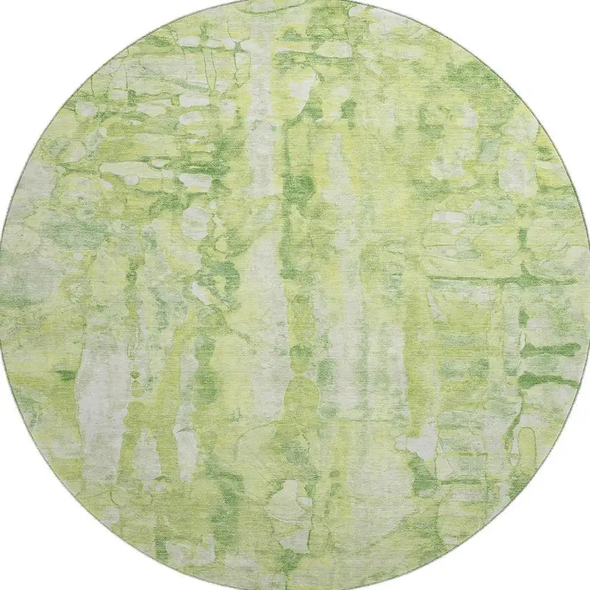 8' Lime Green And Ivory Abstract Washable Round Rug With UV Protection Photo 4