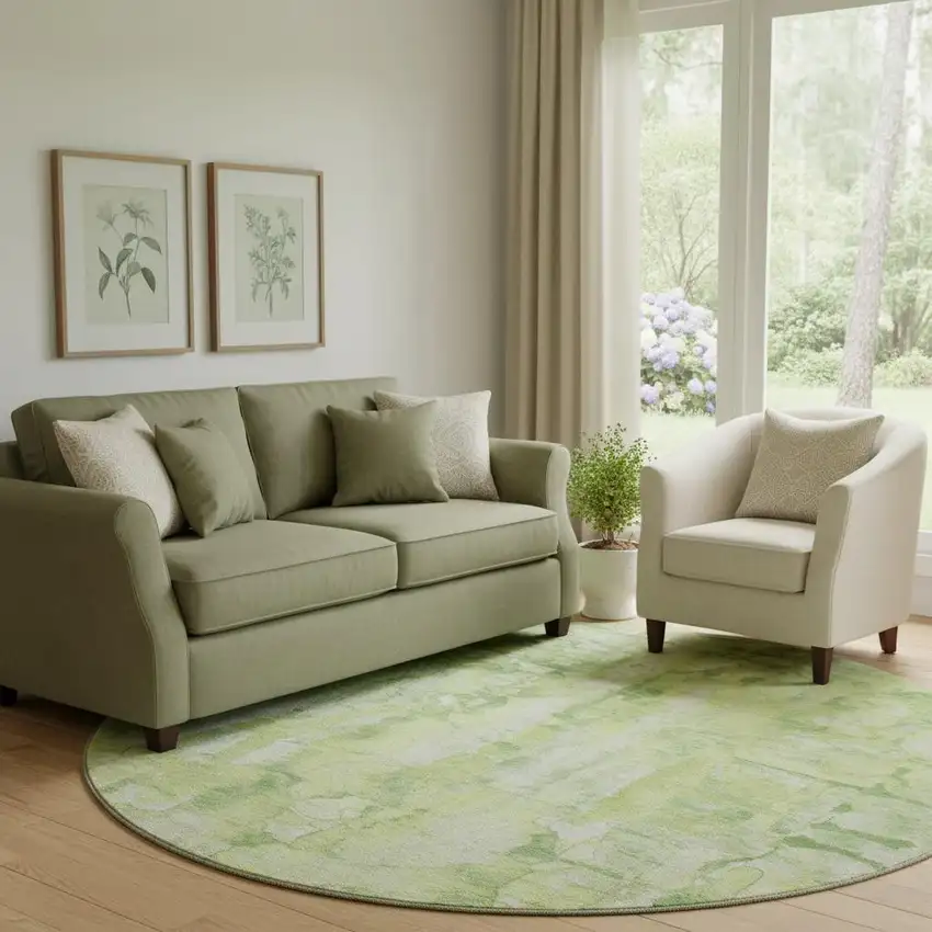 8' Lime Green And Ivory Abstract Washable Round Rug With UV Protection Photo 2