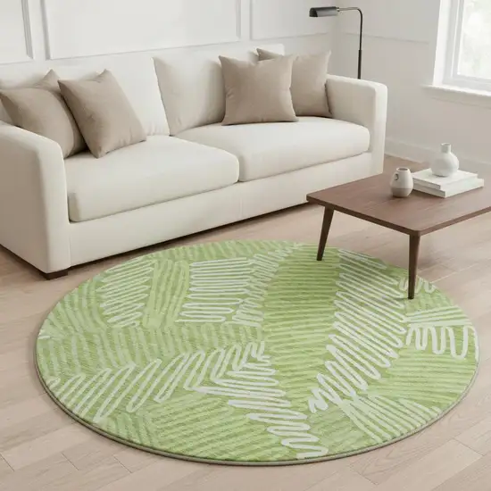 8' Lime Green And Ivory Floral Washable Round Rug With UV Protection Photo 2