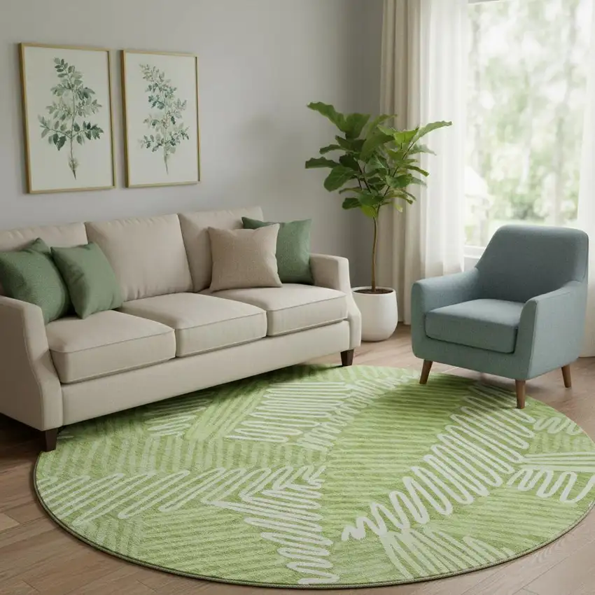 8' Lime Green And Ivory Floral Washable Round Rug With UV Protection Photo 1