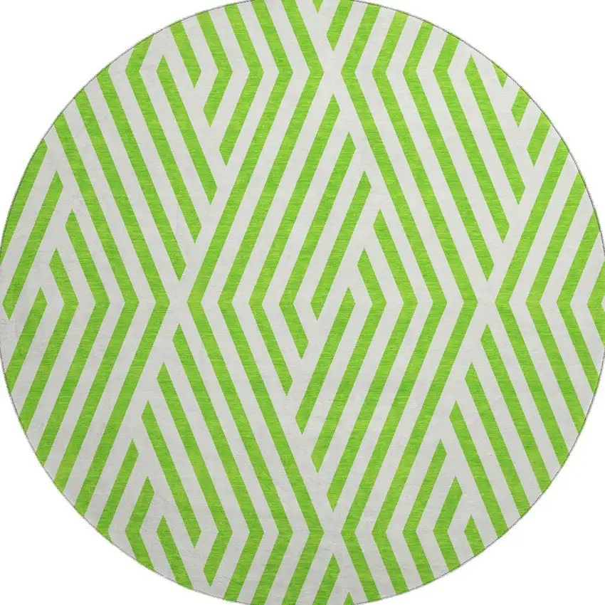 8' Lime Green And Ivory Geometric Washable Round Rug With UV Protection Photo 4
