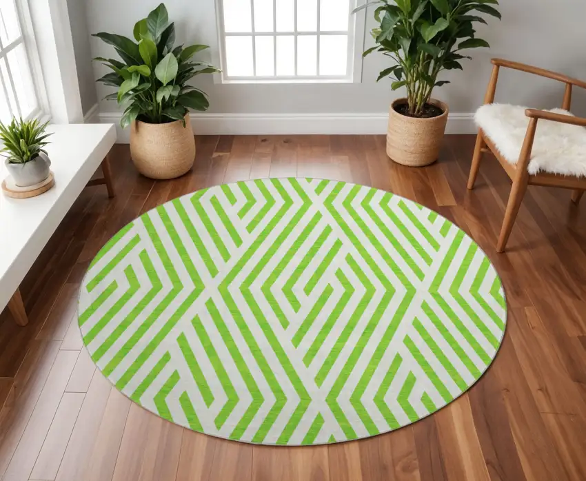 8' Lime Green And Ivory Geometric Washable Round Rug With UV Protection Photo 2