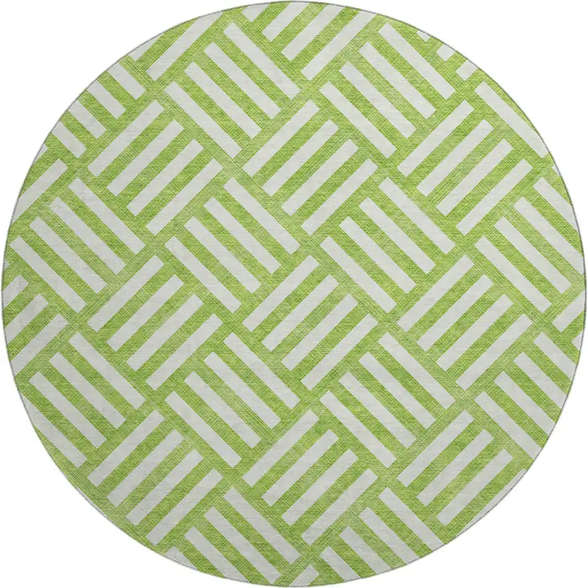 8' Lime Green And Ivory Geometric Washable Round Rug With UV Protection Photo 1