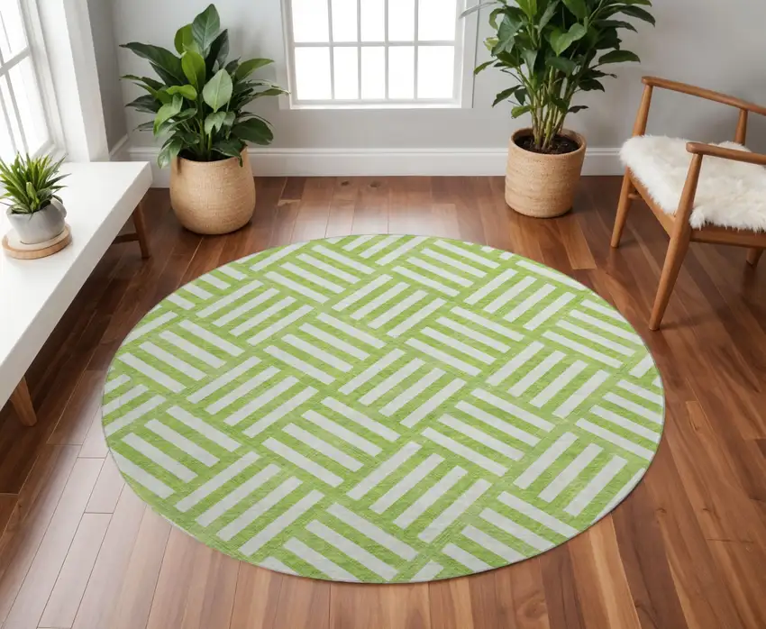 8' Lime Green And Ivory Geometric Washable Round Rug With UV Protection Photo 2