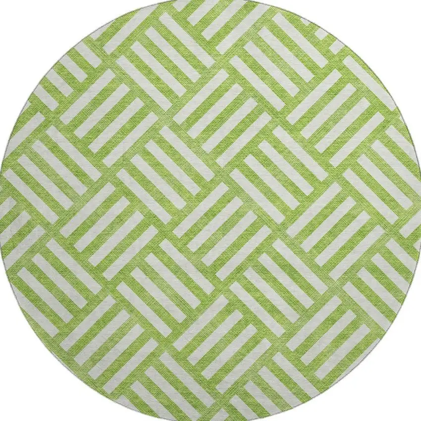 8' Lime Green And Ivory Geometric Washable Round Rug With UV Protection Photo 4