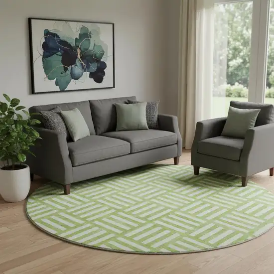 8' Lime Green And Ivory Geometric Washable Round Rug With UV Protection Photo 1