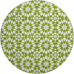 Photo of 8' Lime Green And Ivory Geometric Washable Round Rug With UV Protection