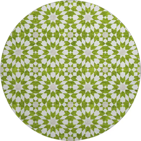 8' Lime Green And Ivory Geometric Washable Round Rug With UV Protection Photo 1