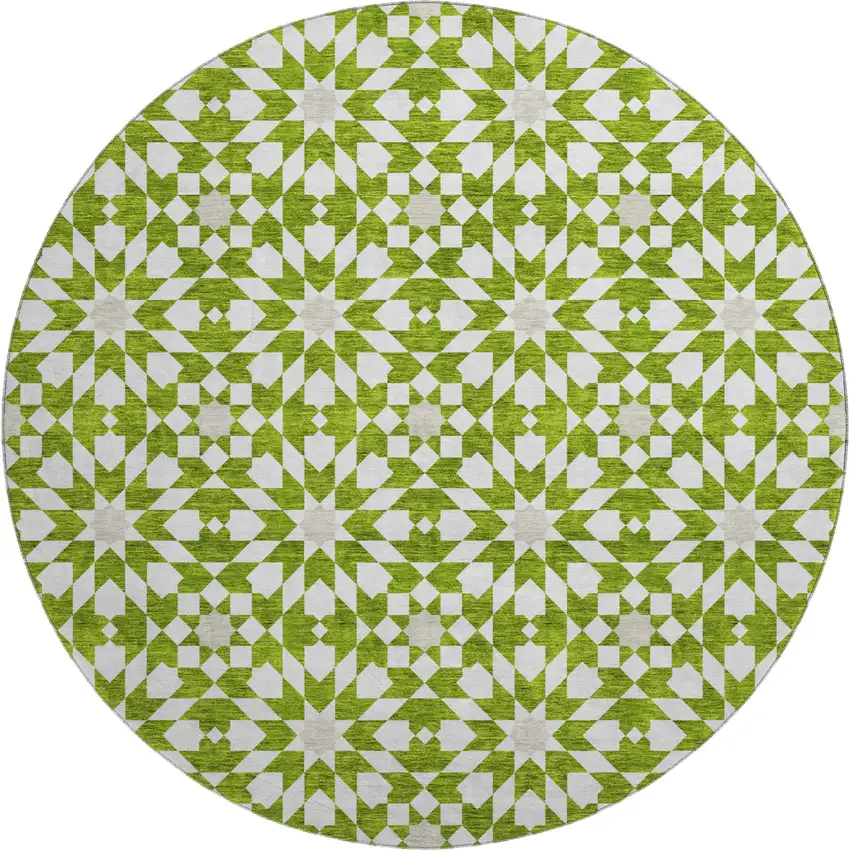 8' Lime Green And Ivory Geometric Washable Round Rug With UV Protection Photo 1