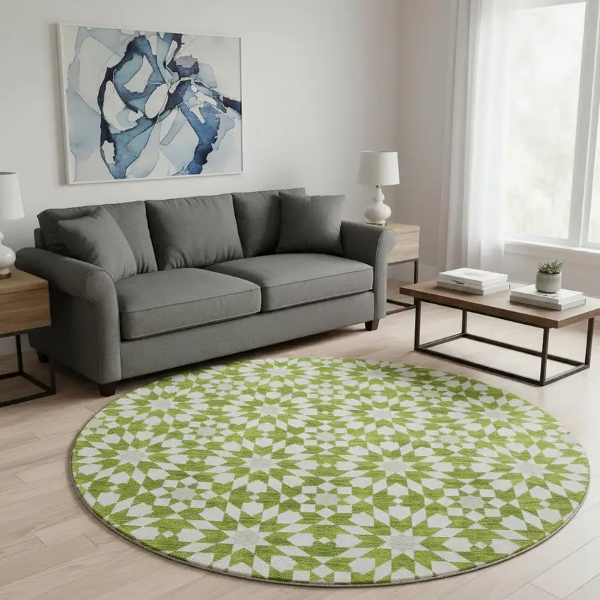 8' Lime Green And Ivory Geometric Washable Round Rug With UV Protection Photo 2