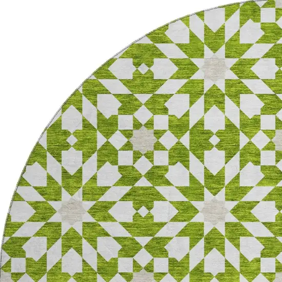 8' Lime Green And Ivory Geometric Washable Round Rug With UV Protection Photo 4