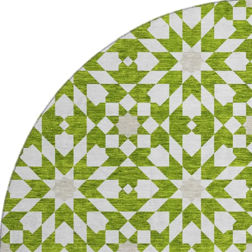8' Lime Green And Ivory Geometric Washable Round Rug With UV Protection Photo 4