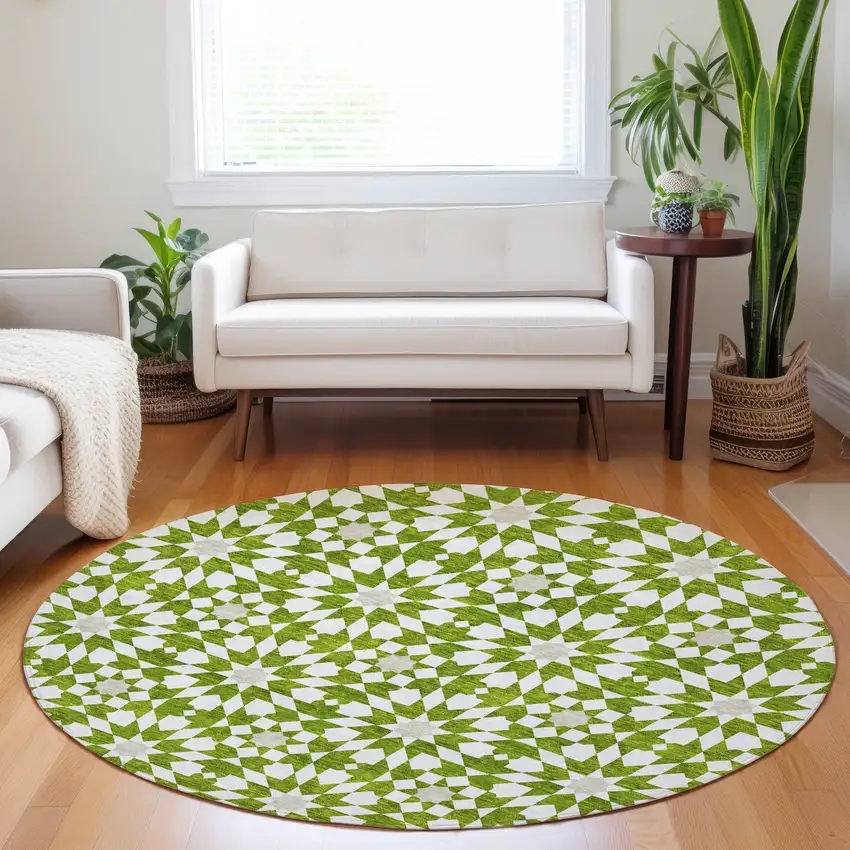 8' Lime Green And Ivory Geometric Washable Round Rug With UV Protection Photo 5