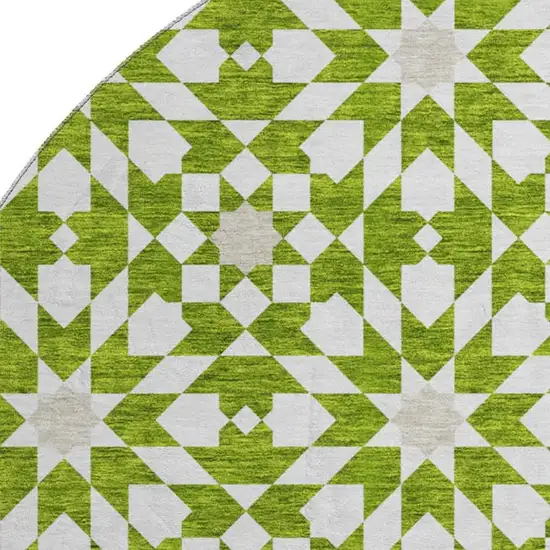 8' Lime Green And Ivory Geometric Washable Round Rug With UV Protection Photo 3