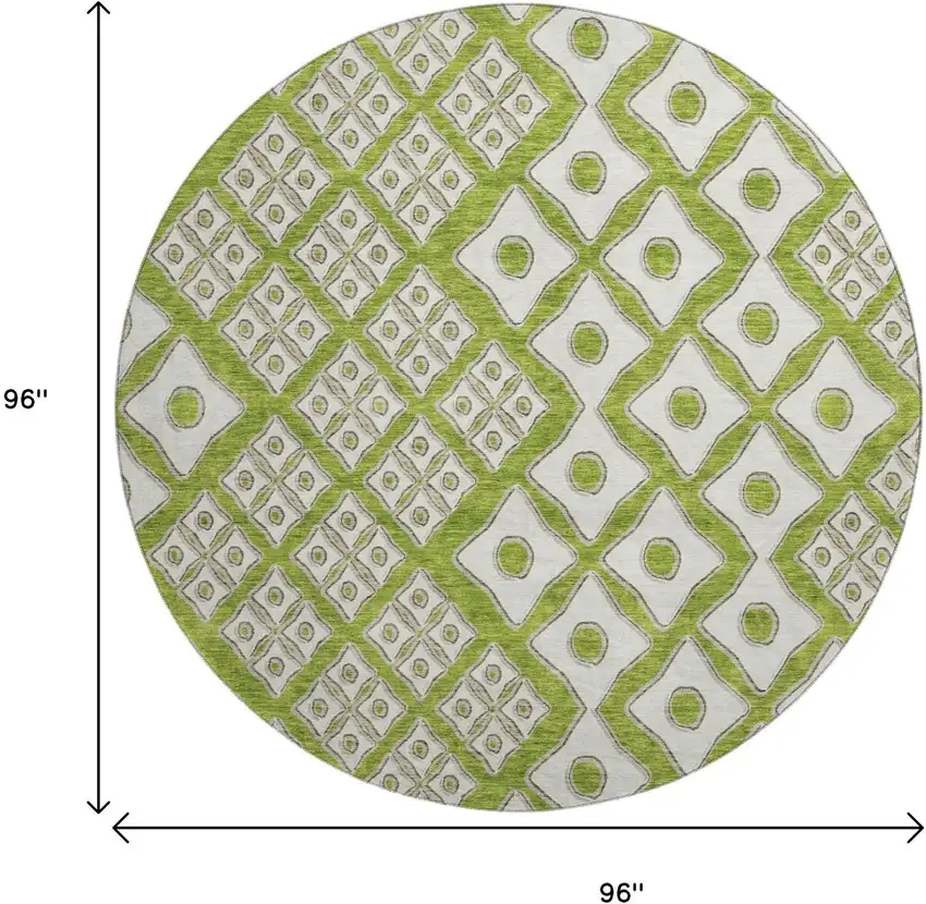 8' Lime Green And Ivory Geometric Washable Round Rug With UV Protection Photo 3