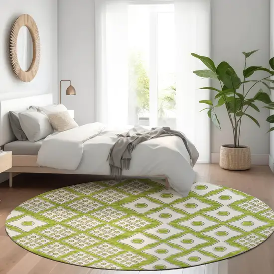 8' Lime Green And Ivory Geometric Washable Round Rug With UV Protection Photo 6