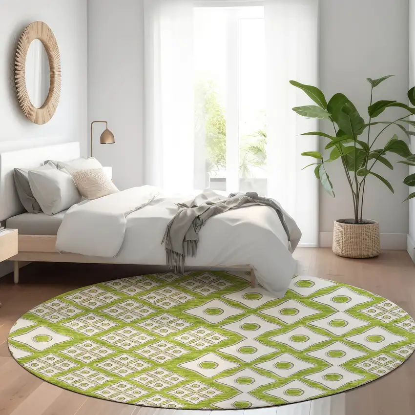 8' Lime Green And Ivory Geometric Washable Round Rug With UV Protection Photo 6