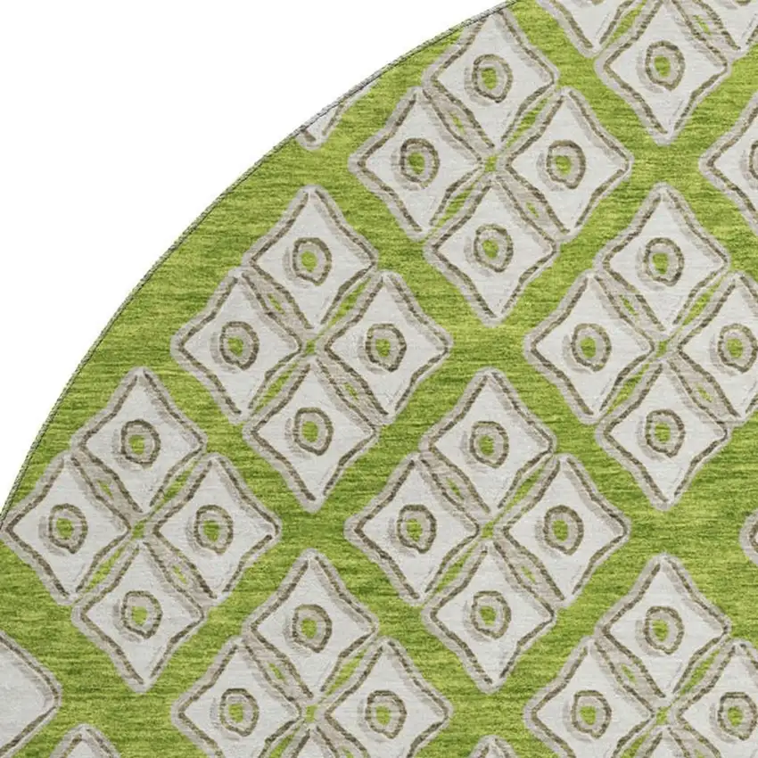 8' Lime Green And Ivory Geometric Washable Round Rug With UV Protection Photo 4