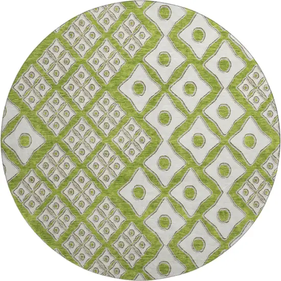 8' Lime Green And Ivory Geometric Washable Round Rug With UV Protection Photo 2